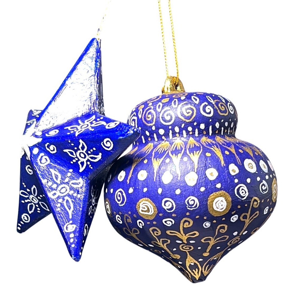Christmas Ornaments Blue Hand Painted Folk Art Papier Mache Star Finial Set 2